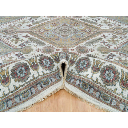Tribal & Geometric Wool Hand Knotted Rug Ivory Smoky White 13.11X13.11 -O065819