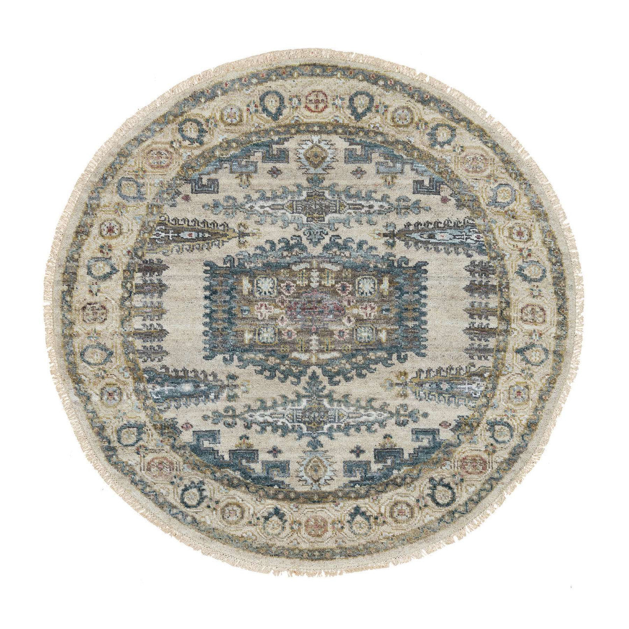 Ivory 4'11" x 4'11" Tribal & Geometric Old Lace Hand knotted Wool Rug - Sku: O065825