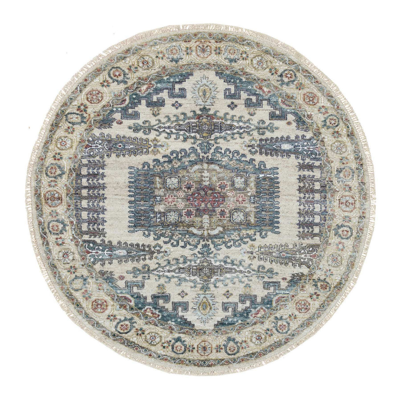 Ivory 5'10" x 5'10" Tribal & Geometric Eggshell Hand knotted Wool Rug - Sku: O065837