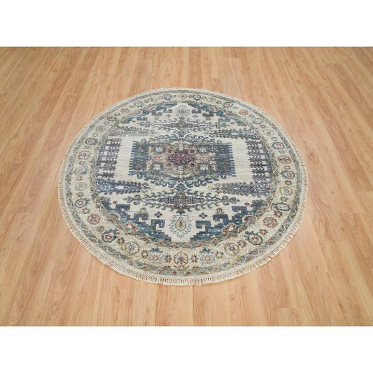 Tribal & Geometric Wool Hand Knotted Rug Ivory Eggshell Ivory 5.10X5.10 -O065837