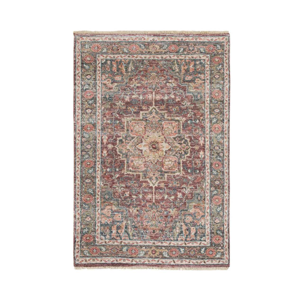 Tribal & Geometric Wool Hand Knotted Rug Red Gray 3.10X5.11 -O065846