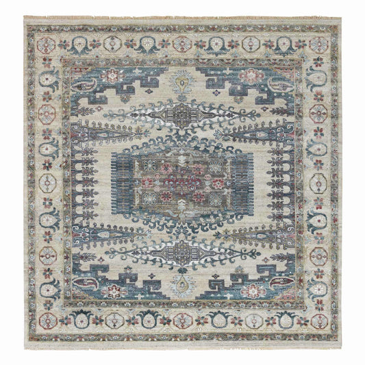 Tribal & Geometric Wool Hand Knotted Rug Ivory Winter White 9.8X9.11 -O065857