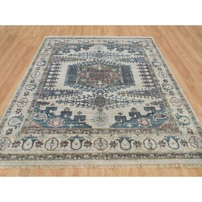 Tribal & Geometric Wool Hand Knotted Rug Ivory Winter White 9.8X9.11 -O065857