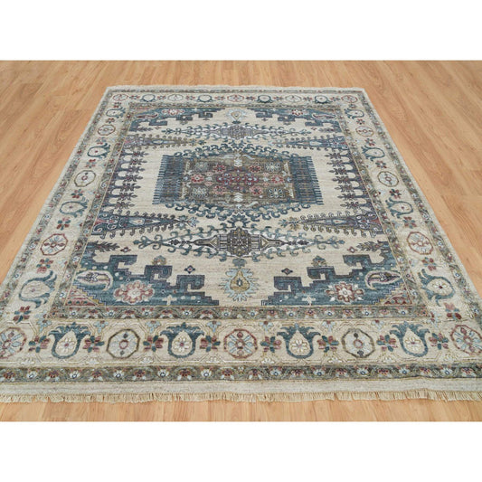 Tribal & Geometric Wool Hand Knotted Rug Ivory Winter White 9.8X9.11 -O065857