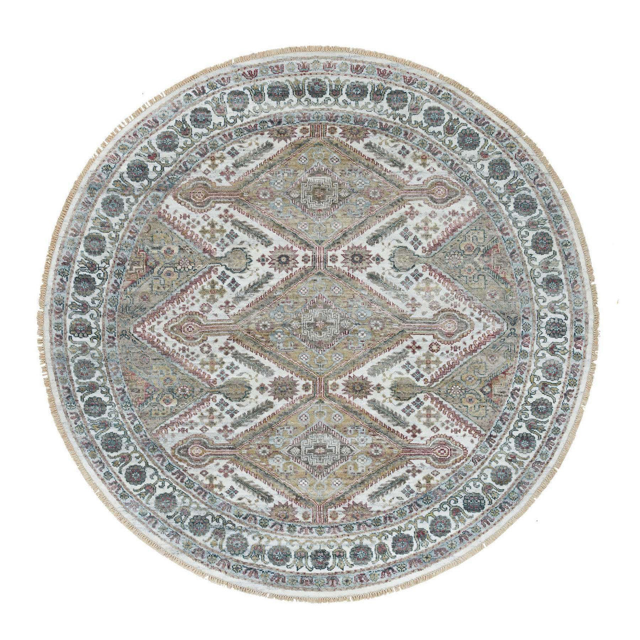 Tribal & Geometric Wool Hand Knotted Rug Ivory Pearl White  7.11X7.11 -O065859