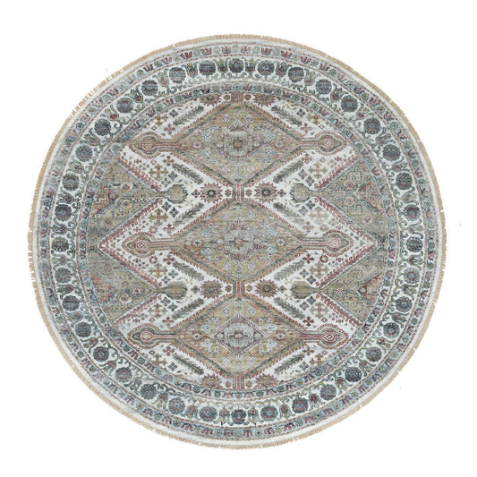 Tribal & Geometric Wool Hand Knotted Rug Ivory Pearl White  7.11X7.11 -O065859