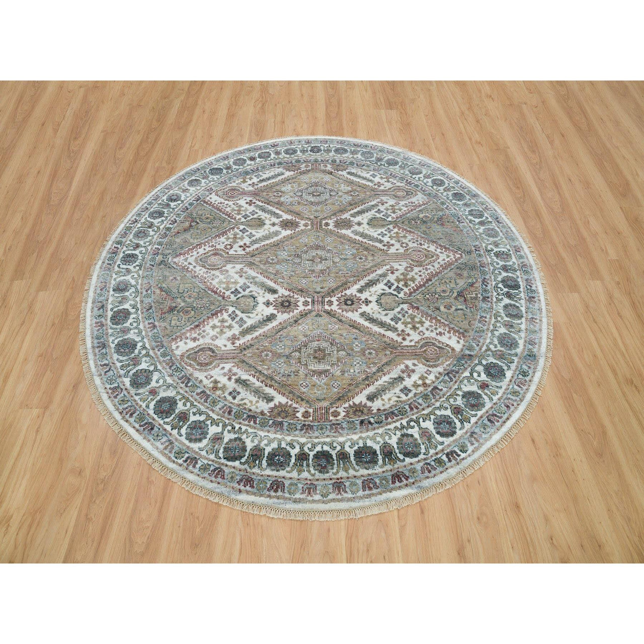Tribal & Geometric Wool Hand Knotted Rug Ivory Pearl White  7.11X7.11 -O065859