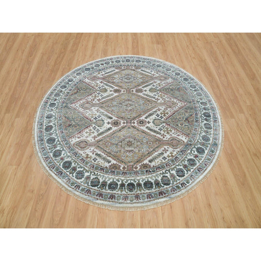 Tribal & Geometric Wool Hand Knotted Rug Ivory Pearl White  7.11X7.11 -O065859