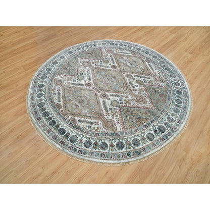 Tribal & Geometric Wool Hand Knotted Rug Ivory Pearl White  7.11X7.11 -O065859