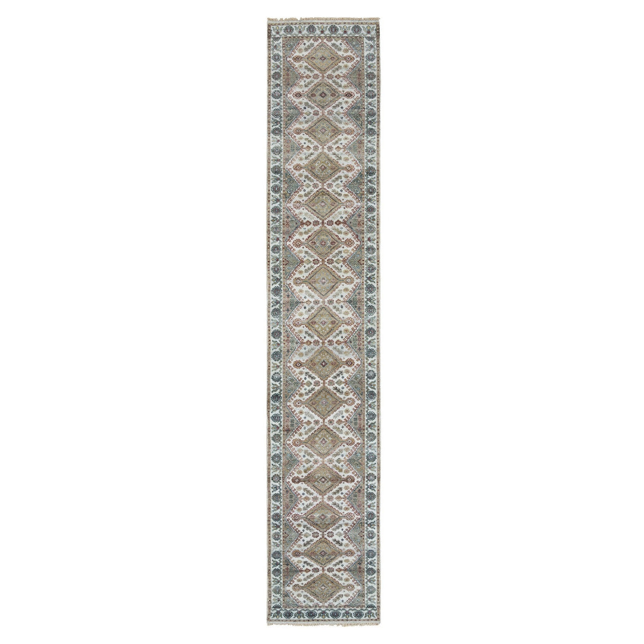Ivory 2'6" x 14'1" Tribal & Geometric Swan Hand knotted Wool Rug - Sku: O065865
