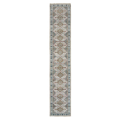 Tribal & Geometric Wool Hand Knotted Rug Ivory Swan White 2.6X14.1 -O065865