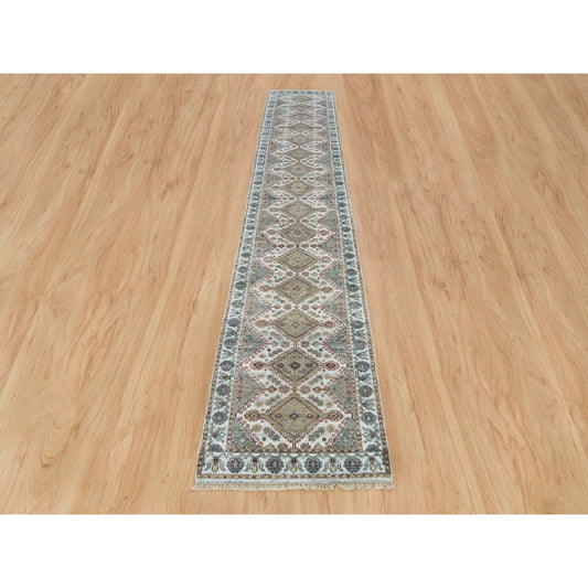 Tribal & Geometric Wool Hand Knotted Rug Ivory Swan White 2.6X14.1 -O065865