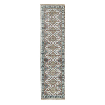 Tribal & Geometric Wool Hand Knotted Rug Ivory Anti-Flash White 2.6X9.9 -O065867