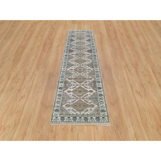 Tribal & Geometric Wool Hand Knotted Rug Ivory Anti-Flash White 2.6X9.9 -O065867