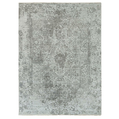 Transitional Wool & Silk Hand Knotted Rug Grey No Border 8.11X11.11 -O065873