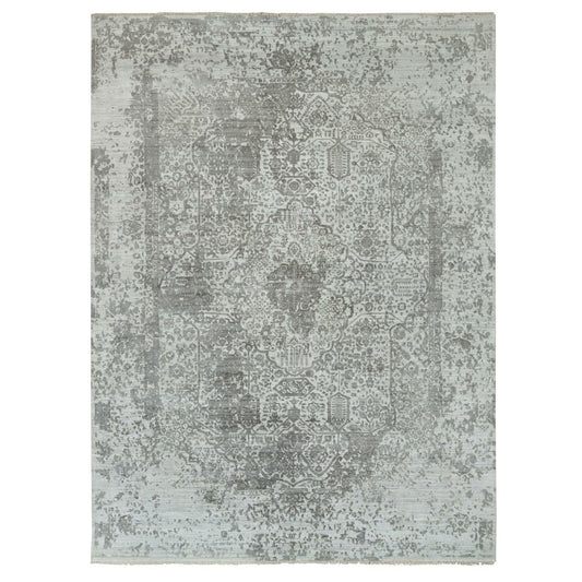 Transitional Wool & Silk Hand Knotted Rug Grey No Border 8.11X11.11 -O065873