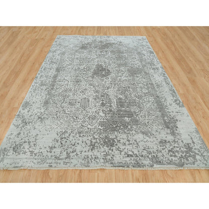 Transitional Wool & Silk Hand Knotted Rug Grey No Border 8.11X11.11 -O065873