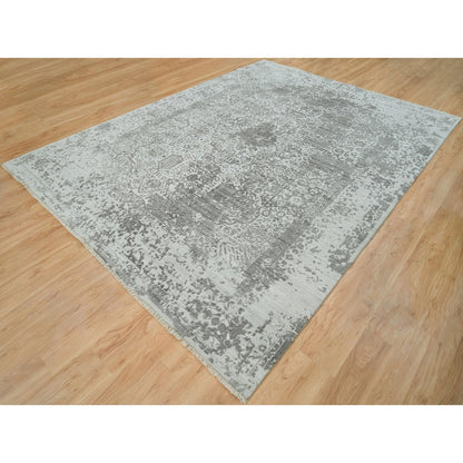 Transitional Wool & Silk Hand Knotted Rug Grey No Border 8.11X11.11 -O065873