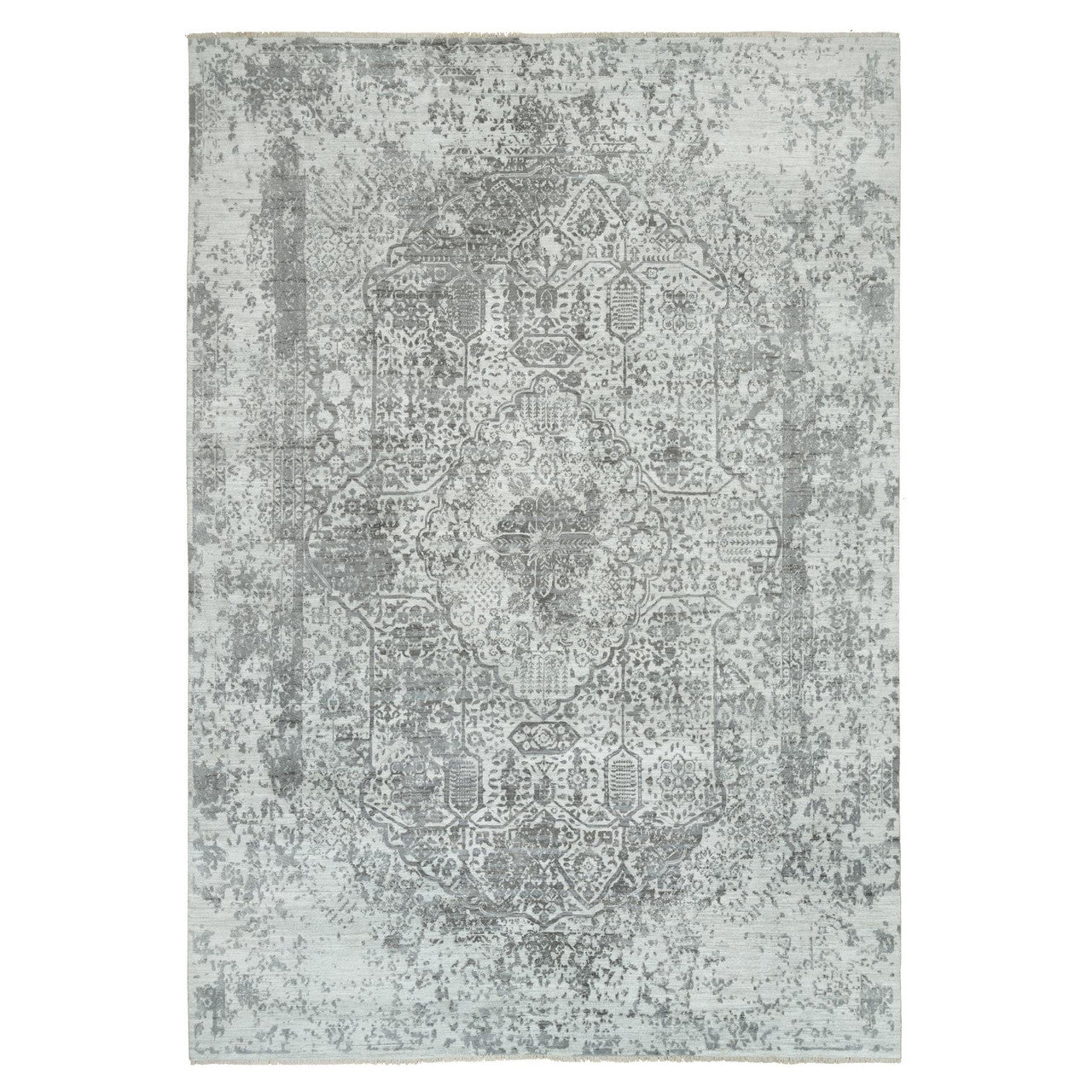 Transitional Wool & Silk Hand Knotted Rug Grey No Border 9.11X14.0 -O065874