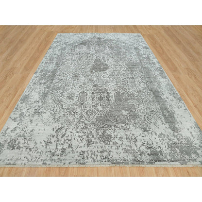 Transitional Wool & Silk Hand Knotted Rug Grey No Border 9.11X14.0 -O065874