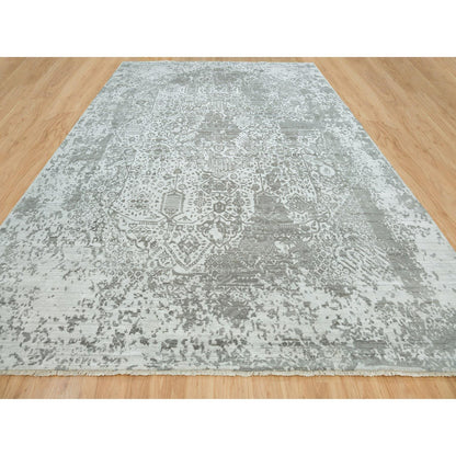Transitional Wool & Silk Hand Knotted Rug Grey No Border 12.1X17.10 -O065875