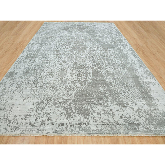 Transitional Wool & Silk Hand Knotted Rug Grey No Border 12.1X17.10 -O065875