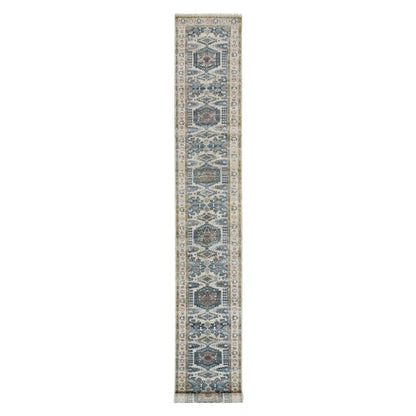 Tribal & Geometric Wool Hand Knotted Rug Ivory Oyster White 2.6X17.10 -O065884