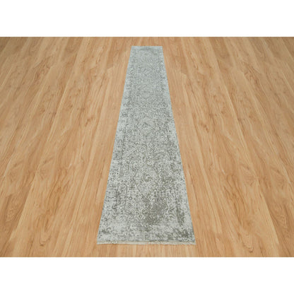 Transitional Wool & Silk Hand Knotted Rug Grey No Border 2.6X15.10 -O065890