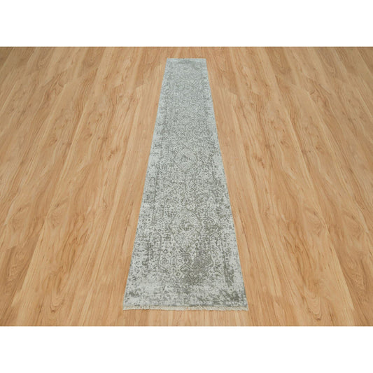 Transitional Wool & Silk Hand Knotted Rug Grey No Border 2.6X15.10 -O065890