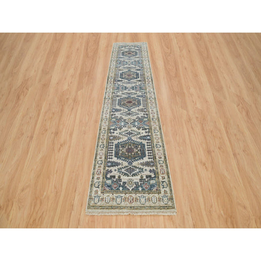 Tribal & Geometric Wool Hand Knotted Rug Ivory Winter White 2.6X11.8 -O065893