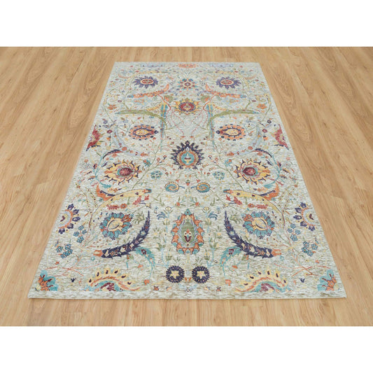 Transitional Wool & Silk Hand Knotted Rug Beige No Border 6.3X9.3 -O065908
