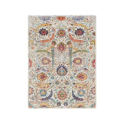 Transitional Wool & Silk Hand Knotted Rug Beige No Border 5.3X7.2 -O065911