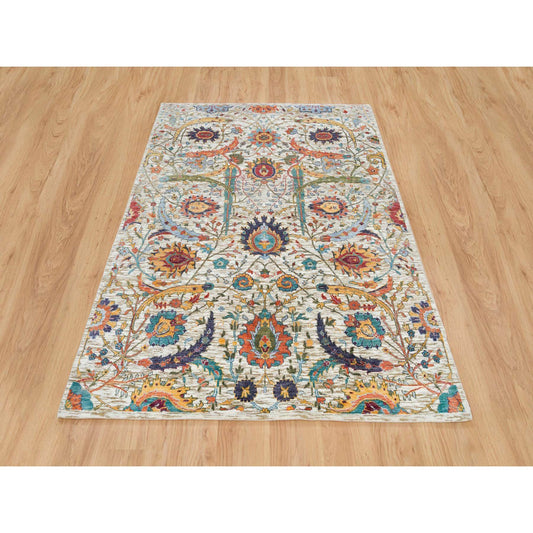 Transitional Wool & Silk Hand Knotted Rug Beige No Border 5.3X7.2 -O065911