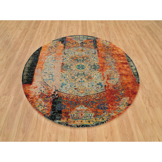 Transitional Wool Hand Knotted Rug Orange No Border 6.1X6.1 -O065913