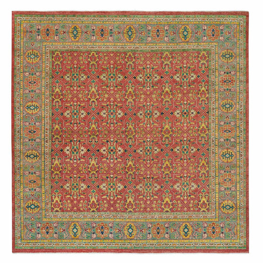 Oushak And Peshawar Wool Hand Knotted Rug Red Artichoke Green 14.0X14.0 -O065928
