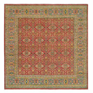Oushak And Peshawar Wool Hand Knotted Rug Red Artichoke Green 14.0X14.0 -O065928