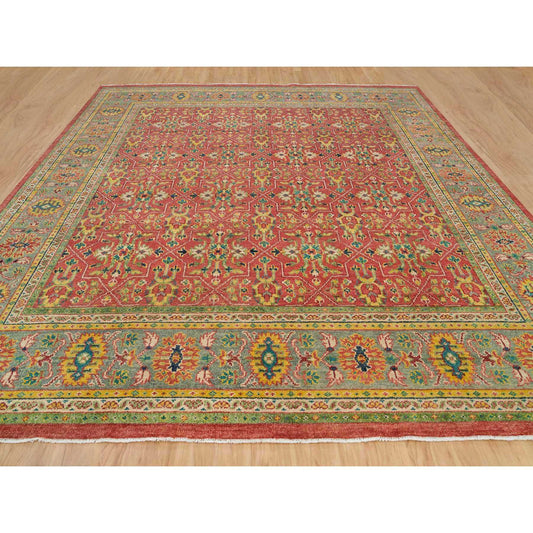 Oushak And Peshawar Wool Hand Knotted Rug Red Artichoke Green 14.0X14.0 -O065928