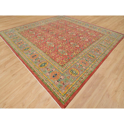 Oushak And Peshawar Wool Hand Knotted Rug Red Artichoke Green 14.0X14.0 -O065928
