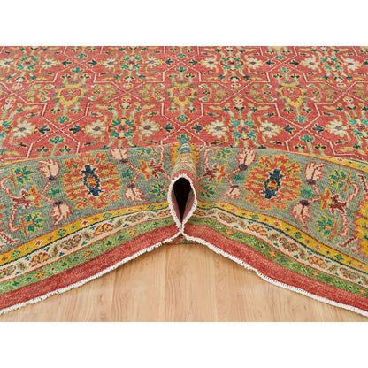 Oushak And Peshawar Wool Hand Knotted Rug Red Artichoke Green 14.0X14.0 -O065928