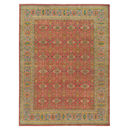 Oushak And Peshawar Wool Hand Knotted Rug Red Artichoke Green 14.0X16.5 -O065930