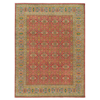 Oushak And Peshawar Wool Hand Knotted Rug Red Artichoke Green 14.0X16.5 -O065930