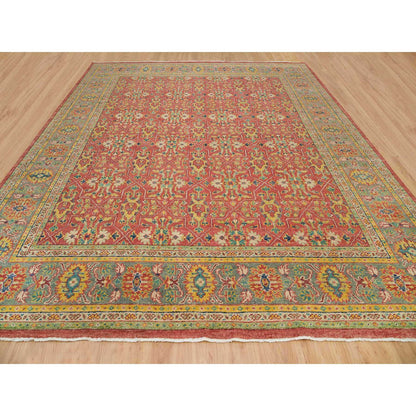 Oushak And Peshawar Wool Hand Knotted Rug Red Artichoke Green 14.0X16.5 -O065930