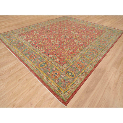 Oushak And Peshawar Wool Hand Knotted Rug Red Artichoke Green 14.0X16.5 -O065930
