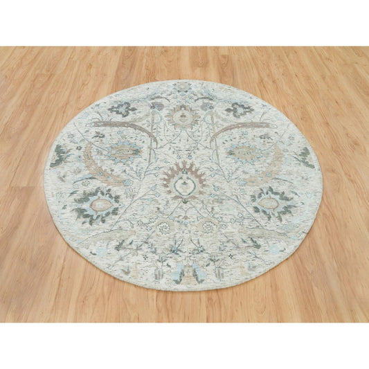 Transitional Wool & Silk Hand Knotted Rug Ivory No Border 5.0X5.0 -O065934