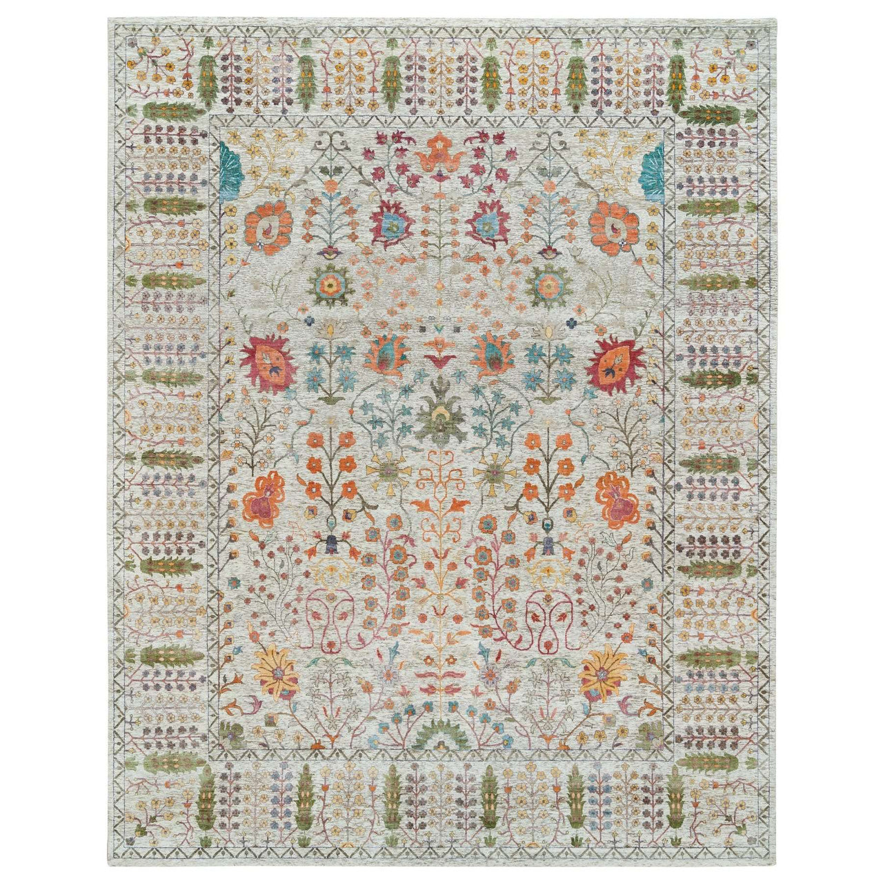 Brown 12'1" x 15'4" and Taupe Hand knotted Wool/Silk Rug - Sku: O065936