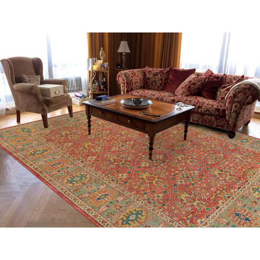 Oushak And Peshawar Wool Hand Knotted Rug Red Artichoke Green 9.0X11.9 -O065937