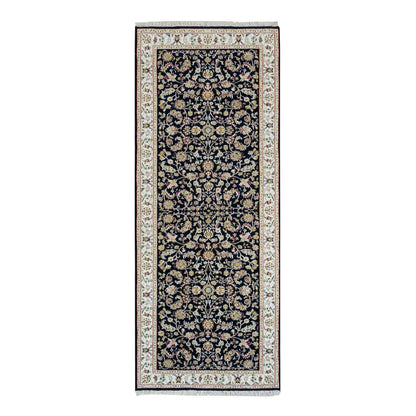 Fine Oriental Wool Hand Knotted Rug Blue Ivory 3.10X9.7 -O065971