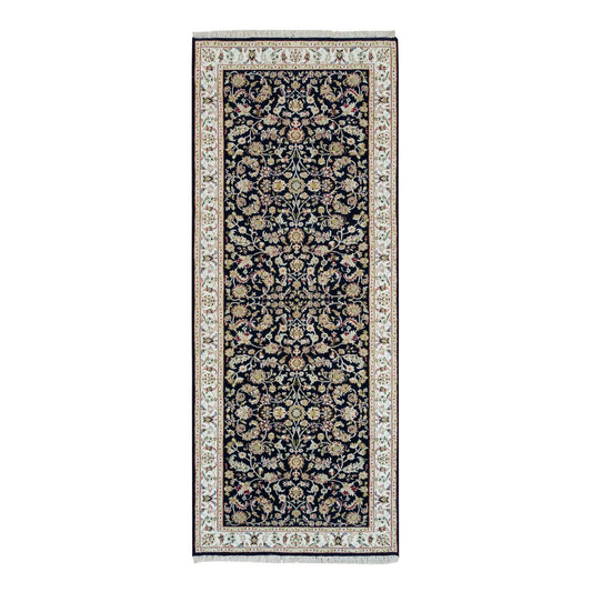 Fine Oriental Wool Hand Knotted Rug Blue Ivory 3.10X9.7 -O065971