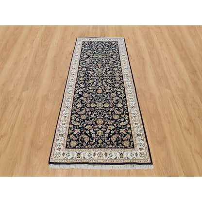 Fine Oriental Wool Hand Knotted Rug Blue Ivory 3.10X9.7 -O065971