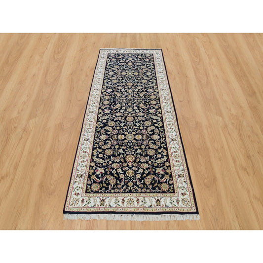 Fine Oriental Wool Hand Knotted Rug Blue Ivory 3.10X9.7 -O065971